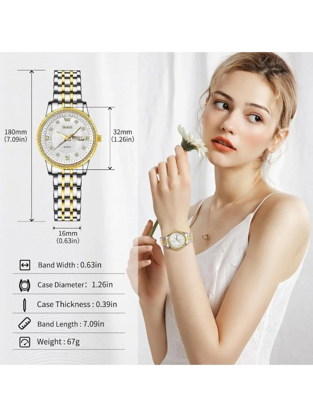 Women's Silver Band/Gold Dial Stainless Steel Luxury Quartz Analog Wrist Watch